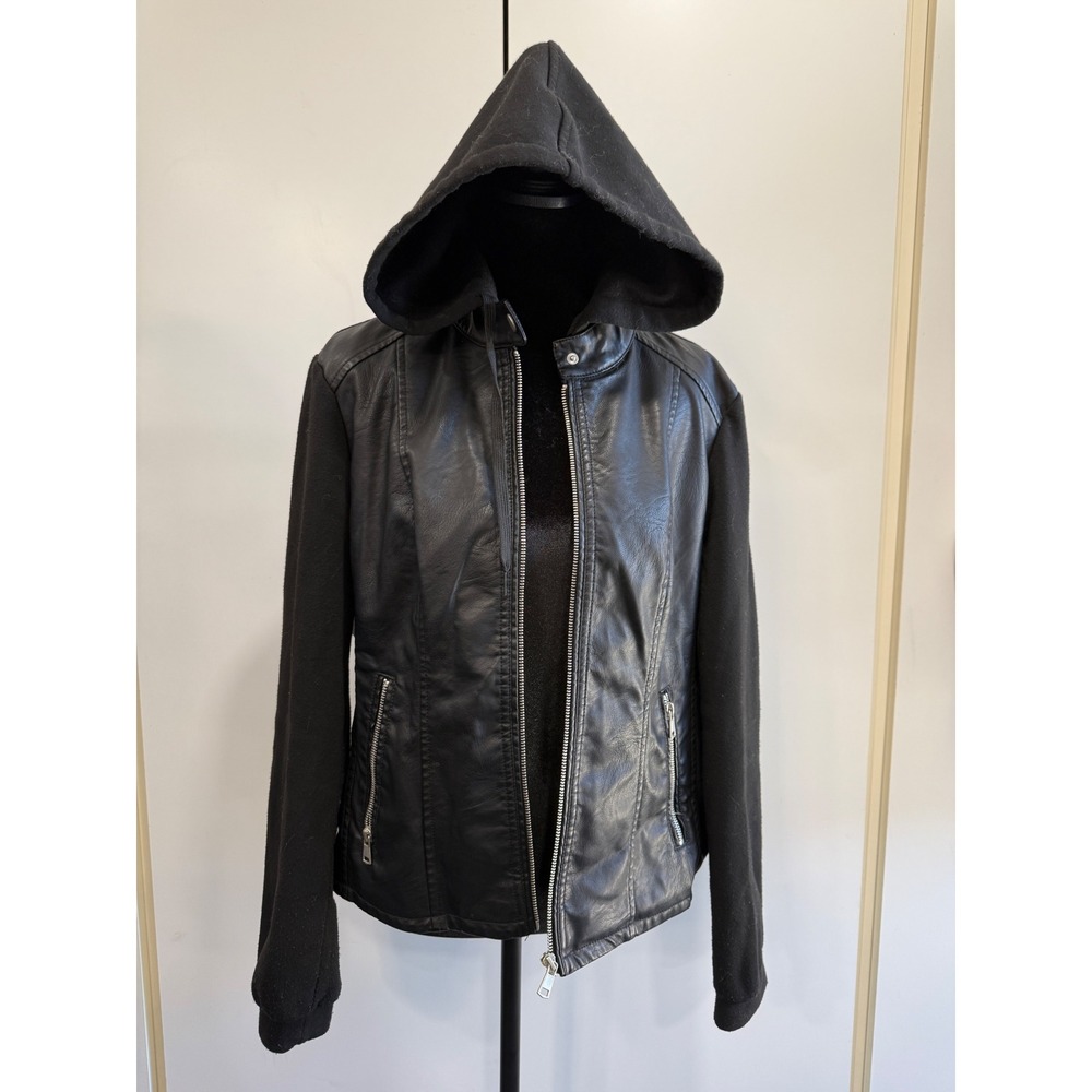 Baccini Womens Black Faux Leather Mixed Media Hooded Moto Jacket Size L